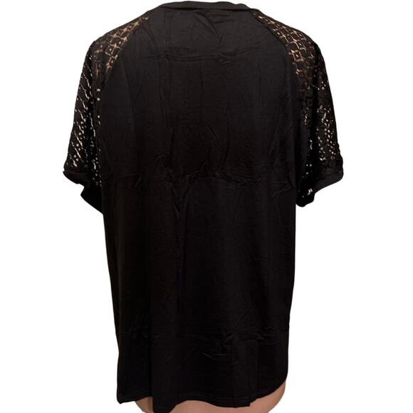 Black Short Sleeve Pleated Crew Neck Stretch Lace Sleeve Top NWT Size 3XL - Picture 2 of 9